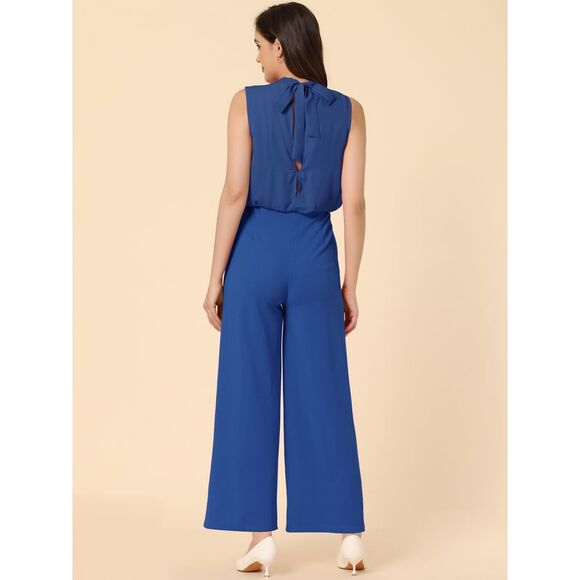 Business Casual Sleeveless Jumpsuit High Waist Wide Flare Leg Romper Royal Blue - Picture 4 of 5